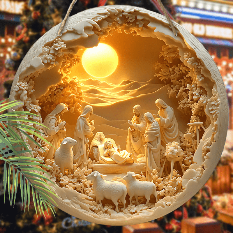 Placa de Madeira com Cena de Natividade de Jesus - Relevo 2D, Decoração Redonda para Porta, Presente de Natal Perfeito para Cristãos