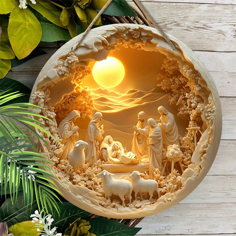 Placa de Madeira com Cena de Natividade de Jesus - Relevo 2D, Decoração Redonda para Porta, Presente de Natal Perfeito para Cristãos