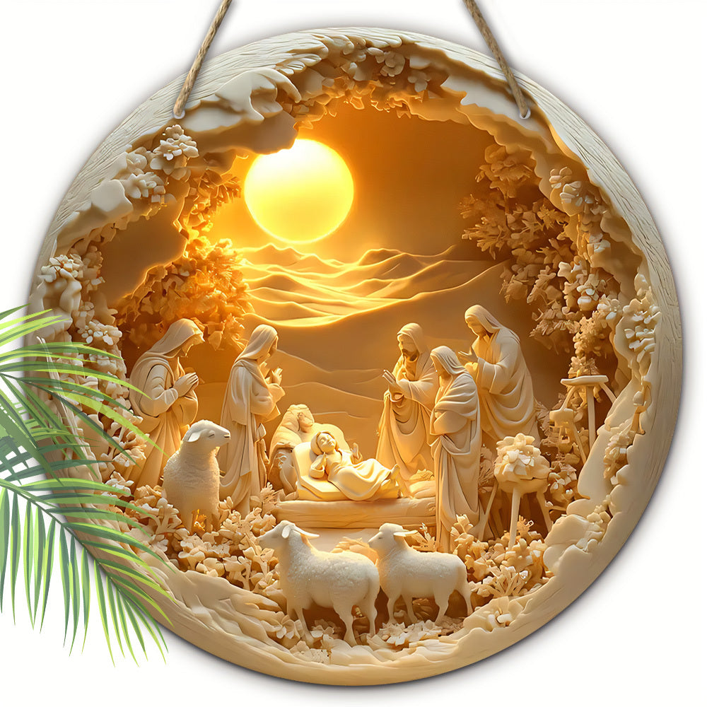 Placa de Madeira com Cena de Natividade de Jesus - Relevo 2D, Decoração Redonda para Porta, Presente de Natal Perfeito para Cristãos