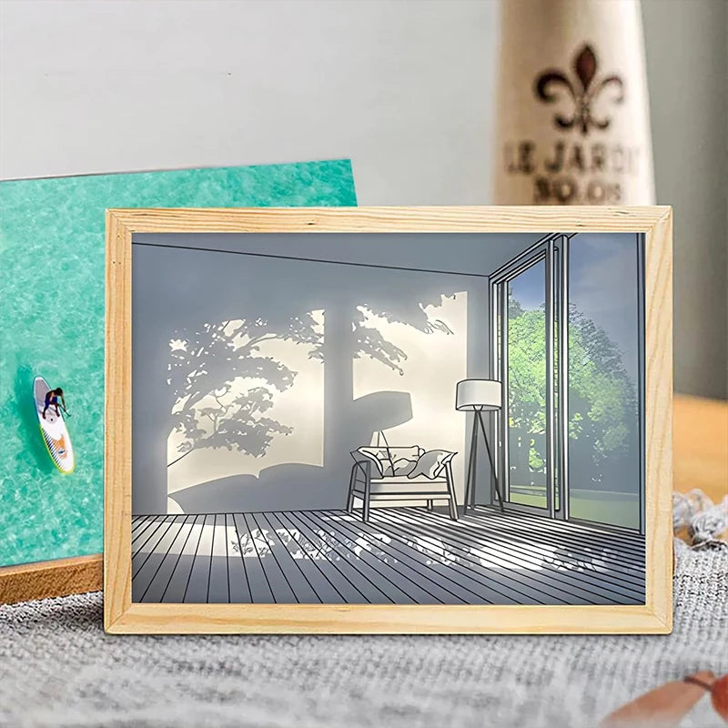 Luz Decorativa de Pintura LED com Conector USB, Luminária de Mesa e Parede com Escurecimento, Presente de Arte Luminosa para Ambientes Internos, Janela de Luz Solar, Foto em Madeira