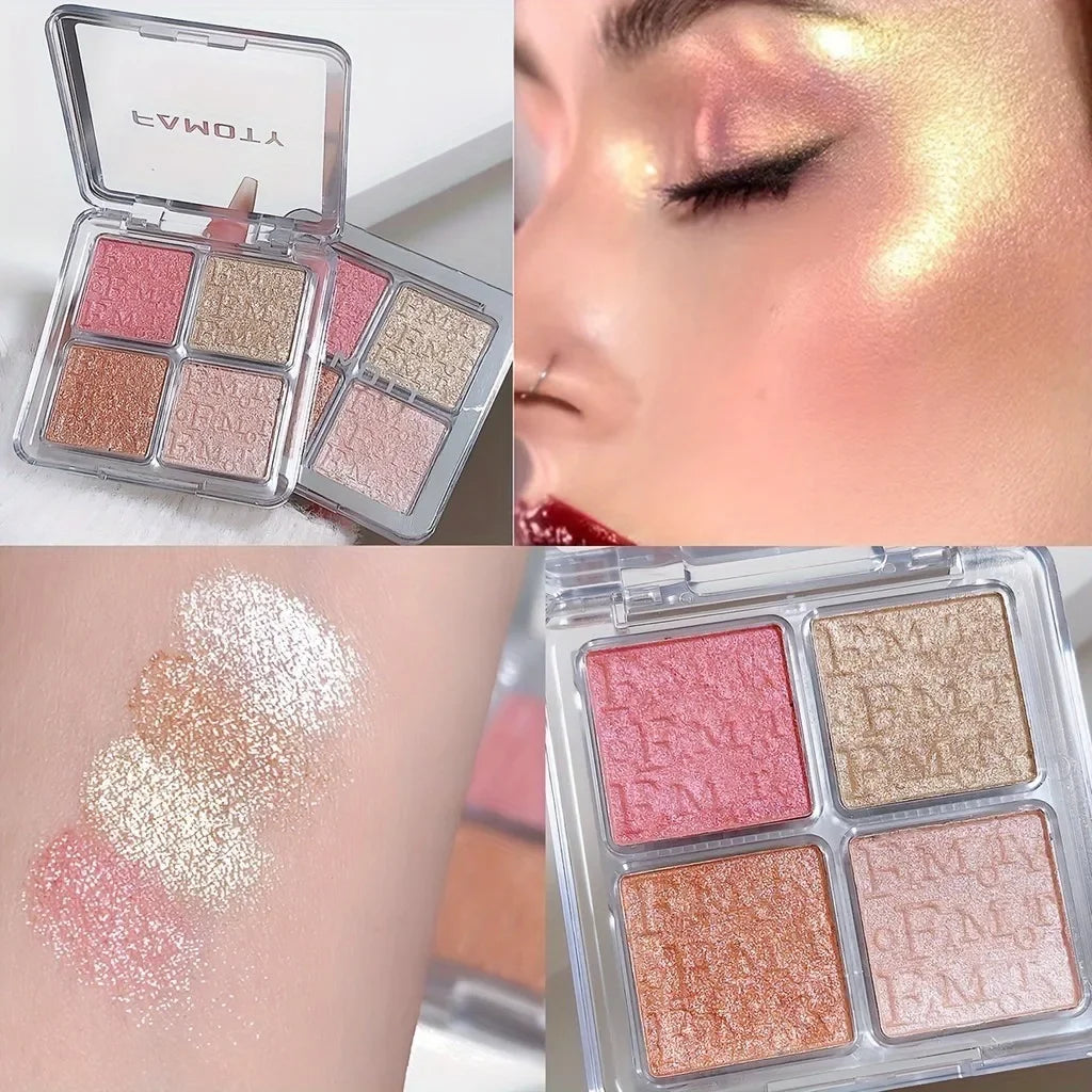 Paleta de Iluminador para o Rosto com 4 Cores, Paleta de Iluminador com Brilho Natural, Pó Iluminador Baked à Prova d'Água com Glitter e Brilho para Maquiagem