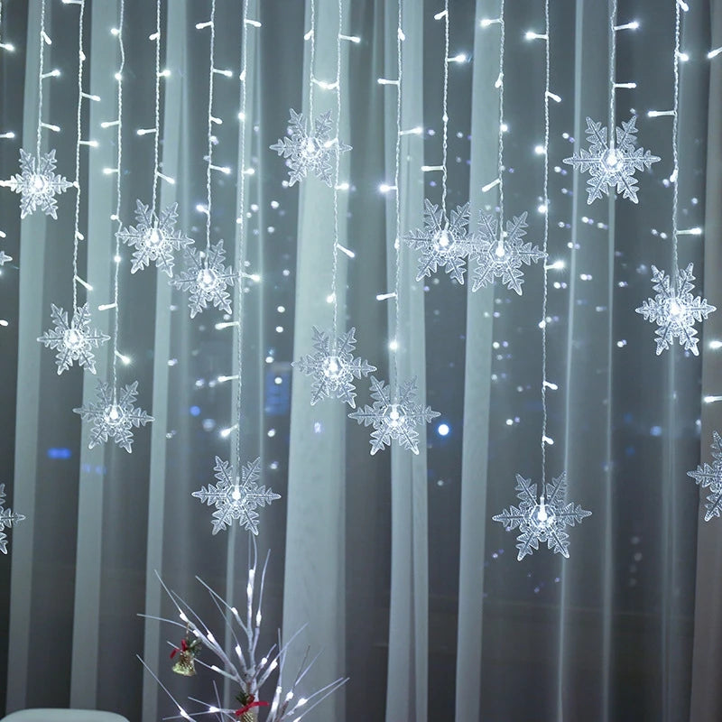 Luzes de Natal para Decoração Externa, Luzes LED em Forma de Floco de Neve, Cortina de Luzes em Corda para Festa, Jardim e Beirais.