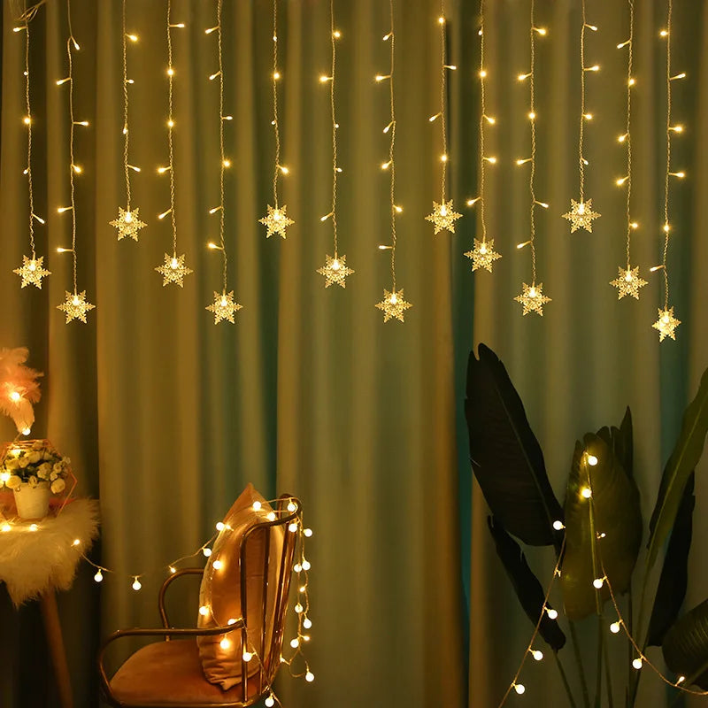 Luzes de Natal para Decoração Externa, Luzes LED em Forma de Floco de Neve, Cortina de Luzes em Corda para Festa, Jardim e Beirais.