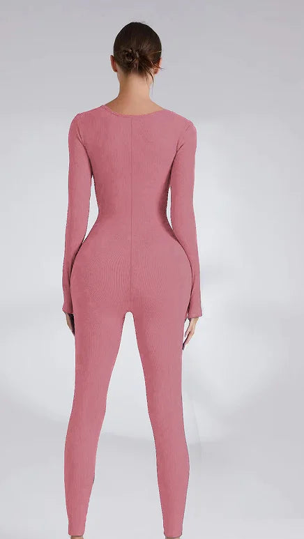 Macacão Feminino - Tecido Texturizado, Manga Longa, Modelador com Levantamento de Quadril, Para Yoga e Exercícios, Macacão Inteiro com Calça Longa