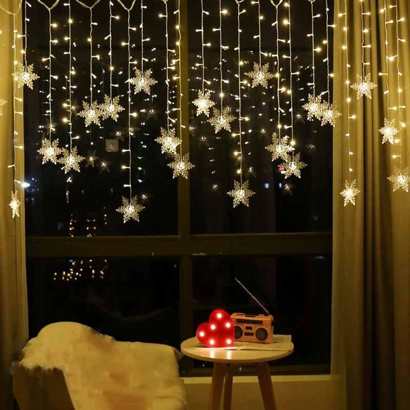 Luzes de Natal para Decoração Externa, Luzes LED em Forma de Floco de Neve, Cortina de Luzes em Corda para Festa, Jardim e Beirais.