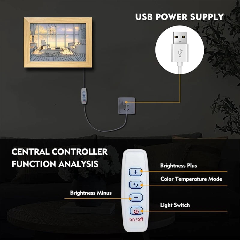 Luz Decorativa de Pintura LED com Conector USB, Luminária de Mesa e Parede com Escurecimento, Presente de Arte Luminosa para Ambientes Internos, Janela de Luz Solar, Foto em Madeira