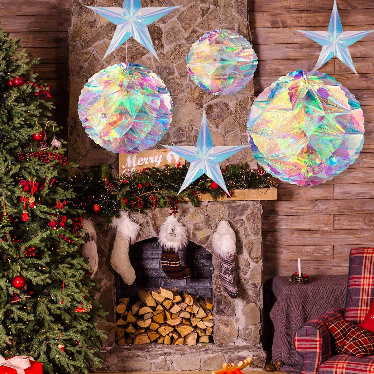 Pendente de Bola de Favo de Mel com Filme Neon Star para Decoração de Natal, Pendant de Natal Noel, Decoração para Festa de Ano Novo 2025.