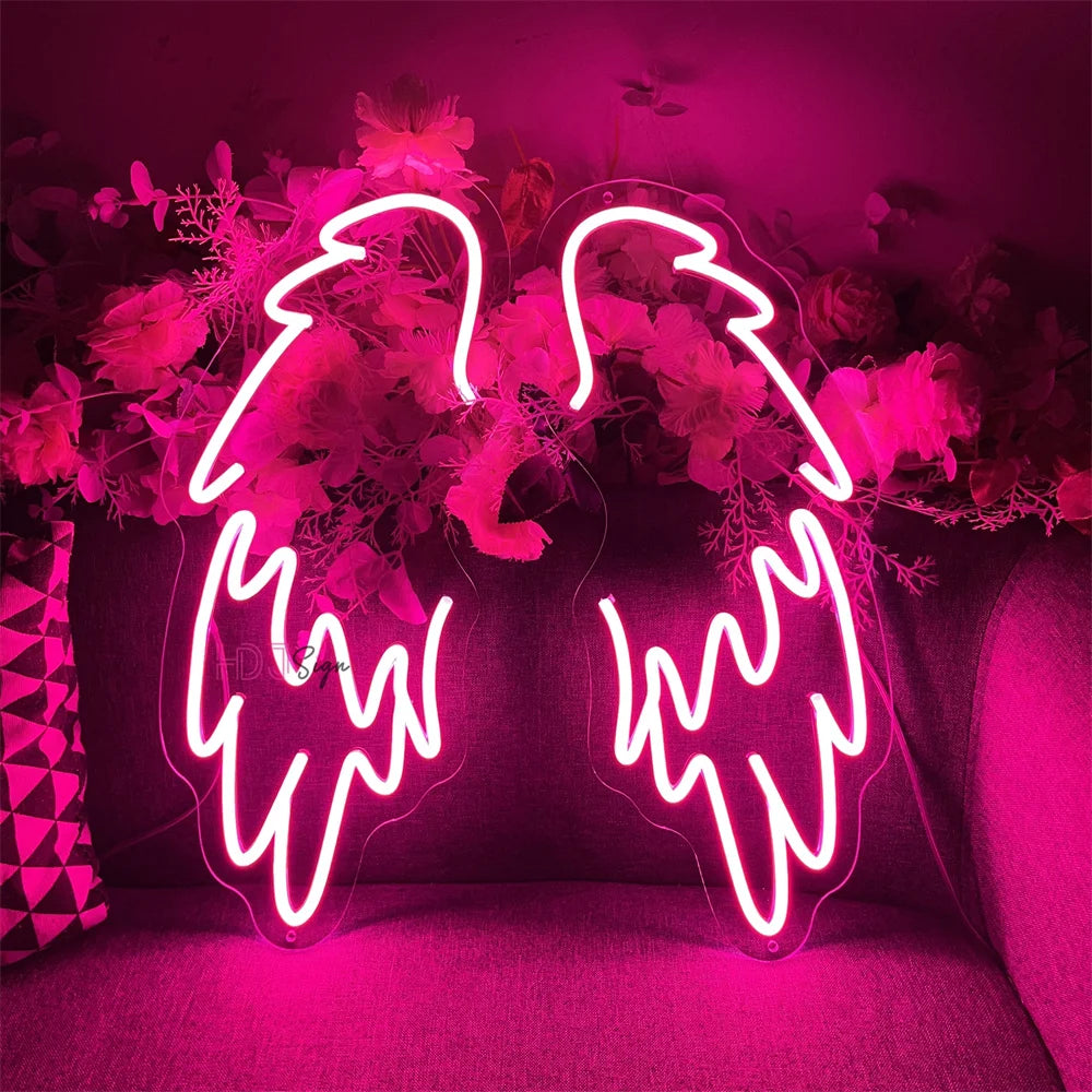 Placa de Neon LED Asas de Anjo Personalizada - Par de Asas de Luz Neon LED para Decoração de Parede, Casamento, Festa, Bar - Luminária Neon Personalizada