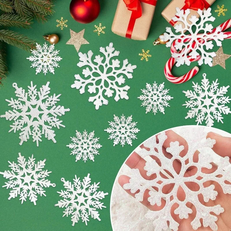 12 Peças/Bag Ornamentos de Floco de Neve Plástico Branco com Brilho para Decoração de Natal, Penduricalhos para Árvore de Natal, Suprimentos para Festa de Inverno em Casa