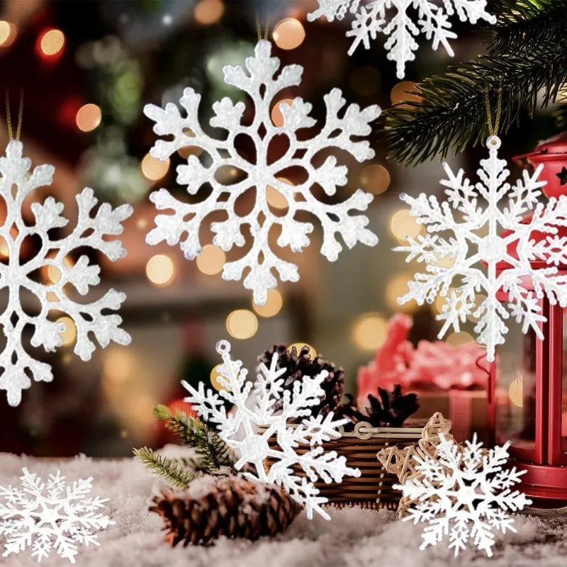 12 Peças/Bag Ornamentos de Floco de Neve Plástico Branco com Brilho para Decoração de Natal, Penduricalhos para Árvore de Natal, Suprimentos para Festa de Inverno em Casa