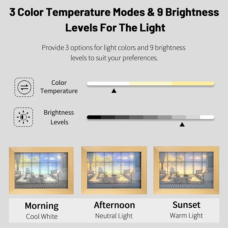 Luz Decorativa de Pintura LED com Conector USB, Luminária de Mesa e Parede com Escurecimento, Presente de Arte Luminosa para Ambientes Internos, Janela de Luz Solar, Foto em Madeira