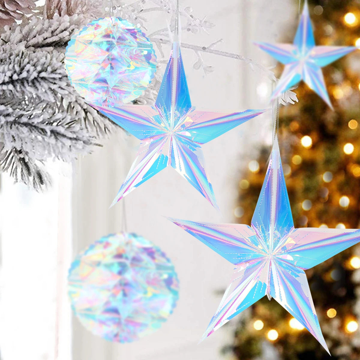 Pendente de Bola de Favo de Mel com Filme Neon Star para Decoração de Natal, Pendant de Natal Noel, Decoração para Festa de Ano Novo 2025.