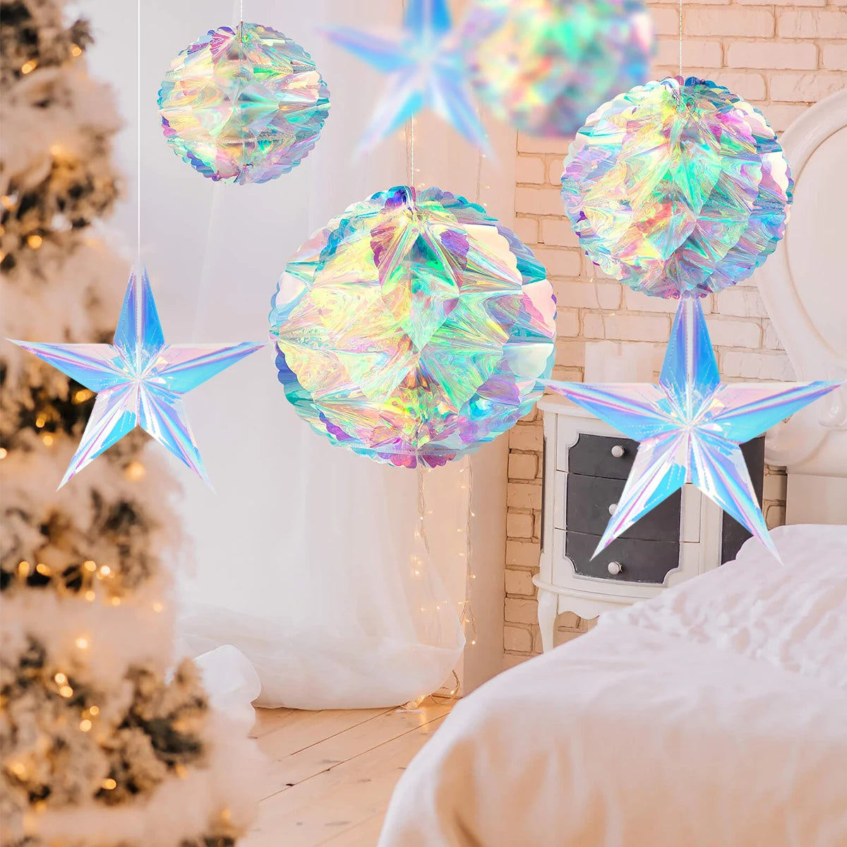 Pendente de Bola de Favo de Mel com Filme Neon Star para Decoração de Natal, Pendant de Natal Noel, Decoração para Festa de Ano Novo 2025.