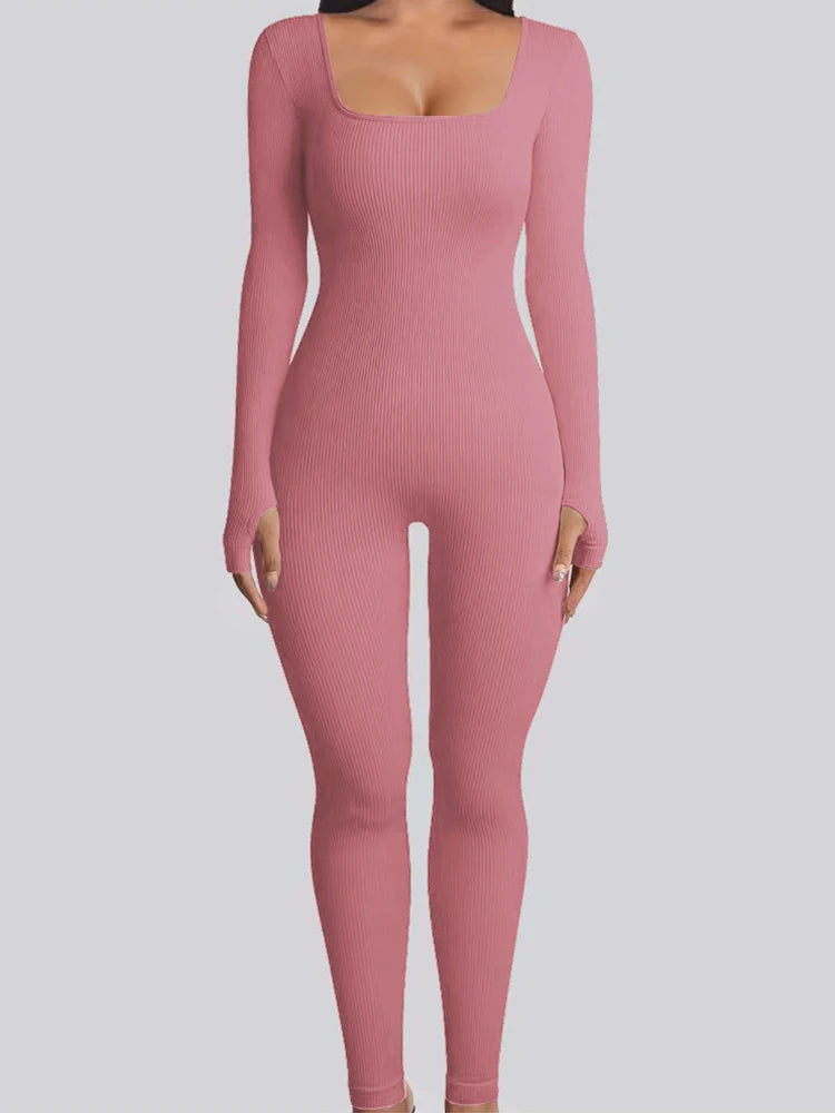 Macacão Feminino - Tecido Texturizado, Manga Longa, Modelador com Levantamento de Quadril, Para Yoga e Exercícios, Macacão Inteiro com Calça Longa