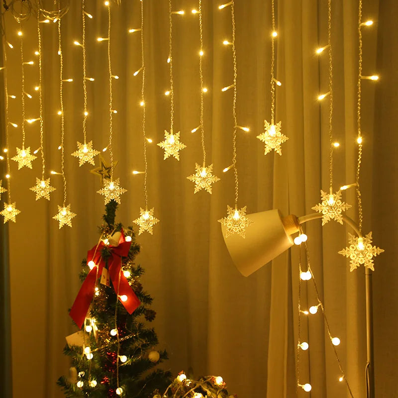 Luzes de Natal para Decoração Externa, Luzes LED em Forma de Floco de Neve, Cortina de Luzes em Corda para Festa, Jardim e Beirais.