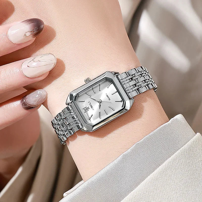 Relógio de Pulso com Pulseira de Aço Inoxidável, Marca Popular de 2024, Relógio de Quartzo Luxuoso para Mulheres, Presente Elegante, Relógio Simples e Moderno em Formato Quadrado para Estudantes.