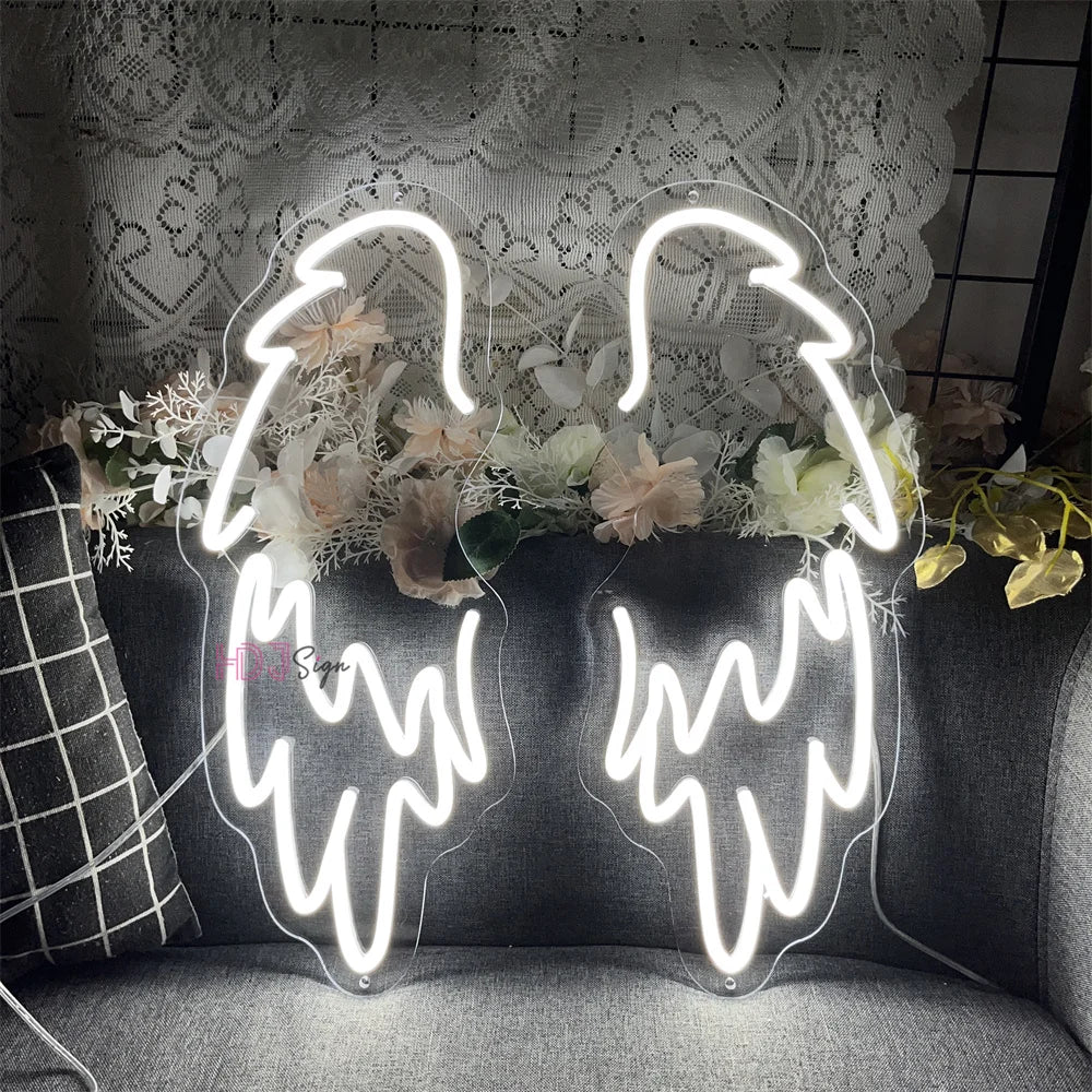 Placa de Neon LED Asas de Anjo Personalizada - Par de Asas de Luz Neon LED para Decoração de Parede, Casamento, Festa, Bar - Luminária Neon Personalizada