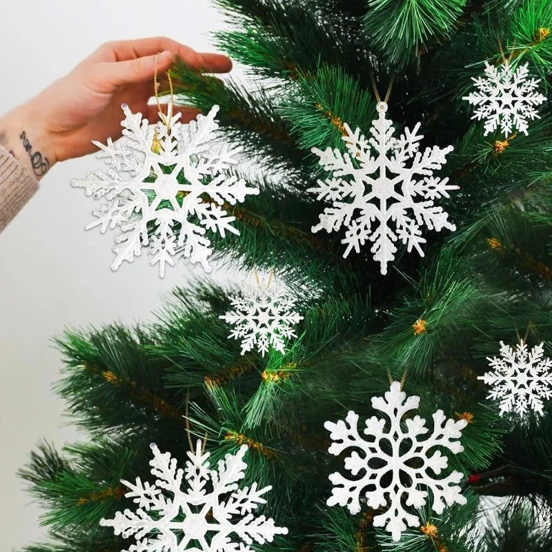 12 Peças/Bag Ornamentos de Floco de Neve Plástico Branco com Brilho para Decoração de Natal, Penduricalhos para Árvore de Natal, Suprimentos para Festa de Inverno em Casa