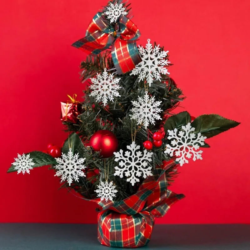 12 Peças/Bag Ornamentos de Floco de Neve Plástico Branco com Brilho para Decoração de Natal, Penduricalhos para Árvore de Natal, Suprimentos para Festa de Inverno em Casa