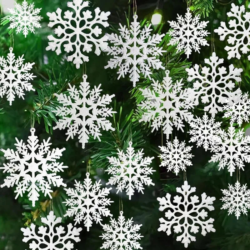 12 Peças/Bag Ornamentos de Floco de Neve Plástico Branco com Brilho para Decoração de Natal, Penduricalhos para Árvore de Natal, Suprimentos para Festa de Inverno em Casa