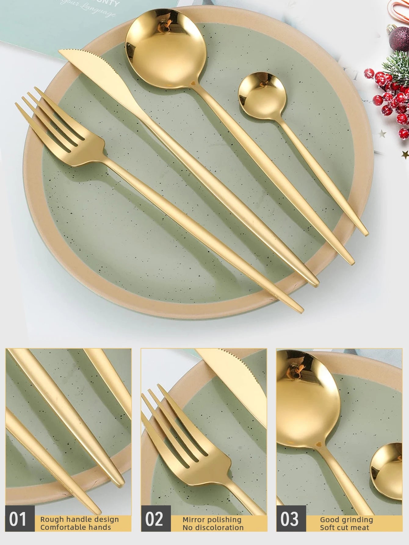 Conjunto de Talheres 24 Peças em Aço Inoxidável Dourado - Faca, Garfo e Colher para Jantar, Sobremesa e Chá - Jogo de Talheres Elegante para Refeições.