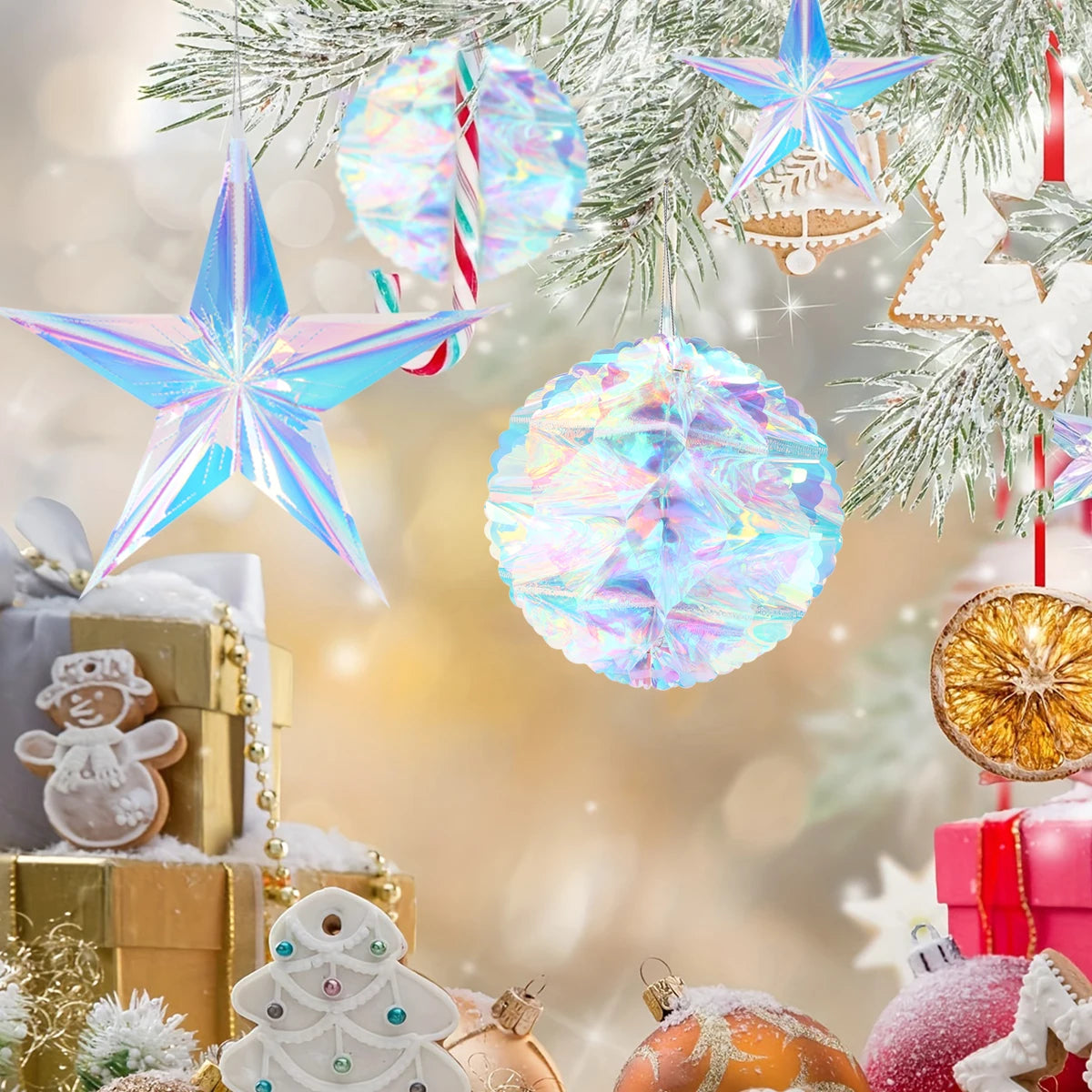 Pendente de Bola de Favo de Mel com Filme Neon Star para Decoração de Natal, Pendant de Natal Noel, Decoração para Festa de Ano Novo 2025.