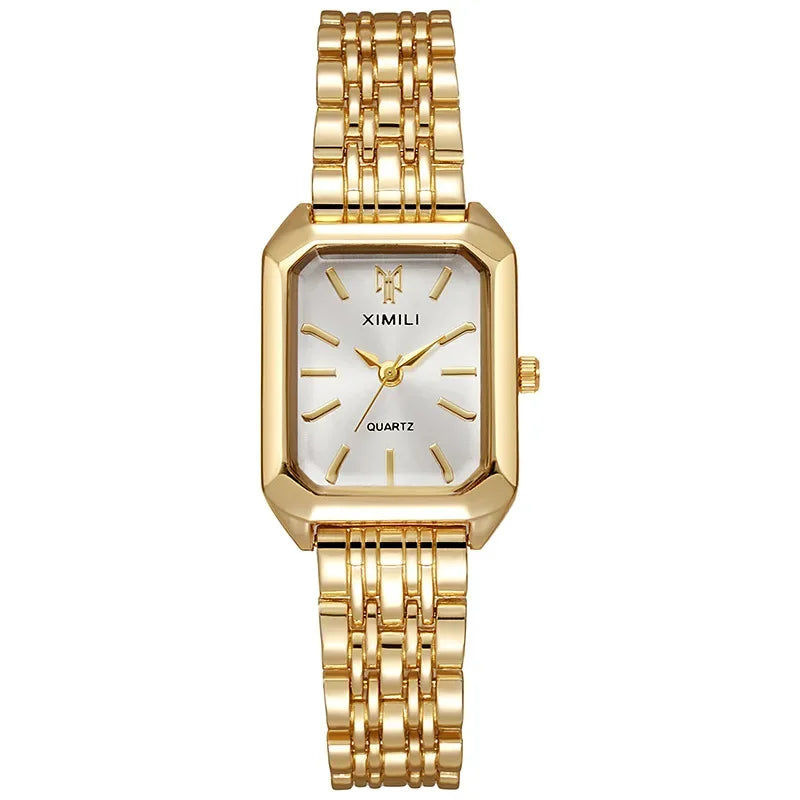 Relógio de Pulso com Pulseira de Aço Inoxidável, Marca Popular de 2024, Relógio de Quartzo Luxuoso para Mulheres, Presente Elegante, Relógio Simples e Moderno em Formato Quadrado para Estudantes.
