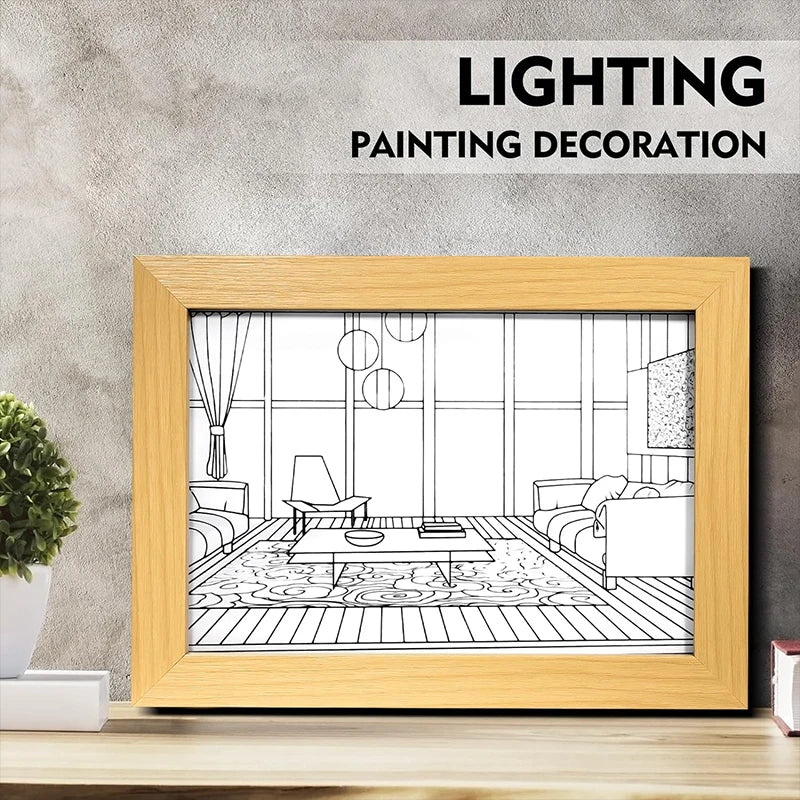 Luz Decorativa de Pintura LED com Conector USB, Luminária de Mesa e Parede com Escurecimento, Presente de Arte Luminosa para Ambientes Internos, Janela de Luz Solar, Foto em Madeira
