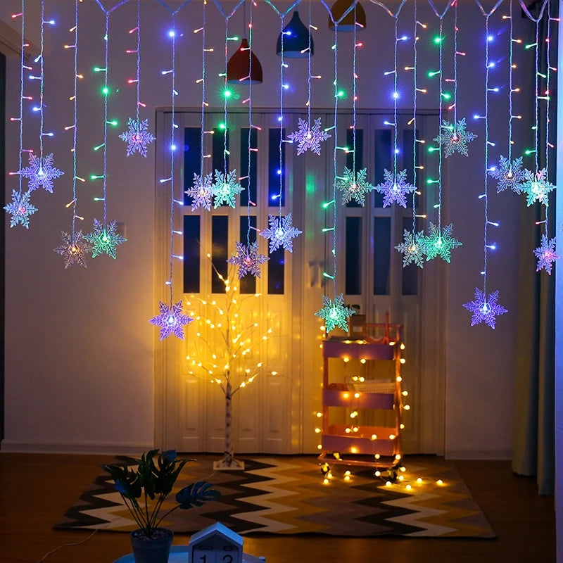 Luzes de Natal para Decoração Externa, Luzes LED em Forma de Floco de Neve, Cortina de Luzes em Corda para Festa, Jardim e Beirais.