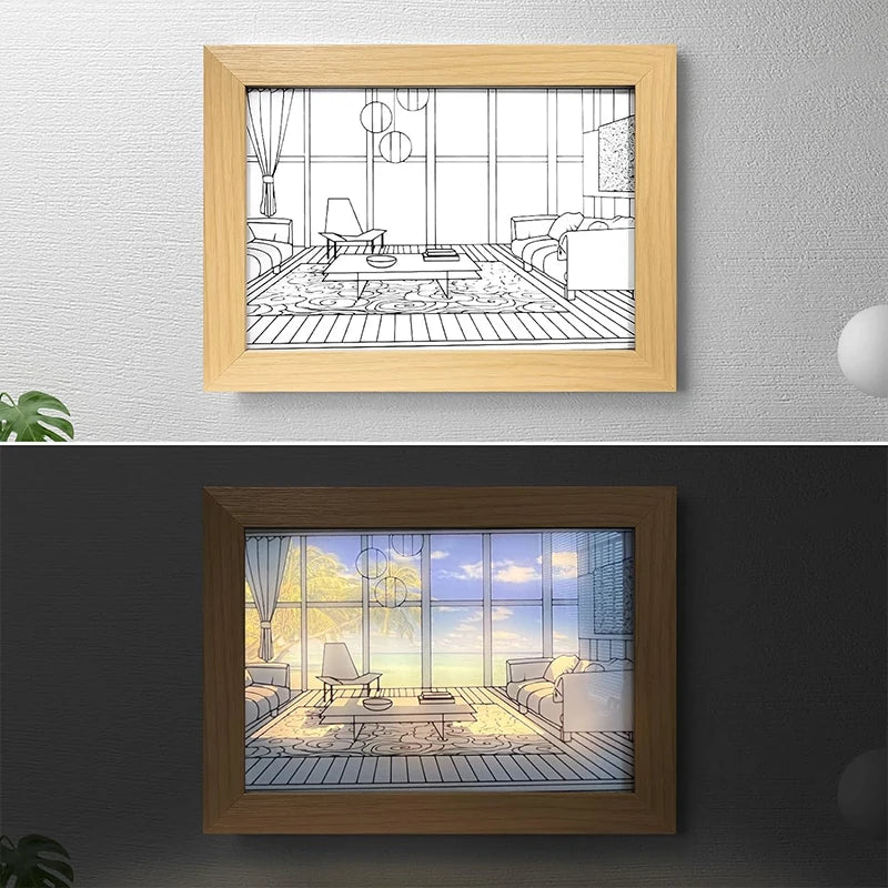 Luz Decorativa de Pintura LED com Conector USB, Luminária de Mesa e Parede com Escurecimento, Presente de Arte Luminosa para Ambientes Internos, Janela de Luz Solar, Foto em Madeira