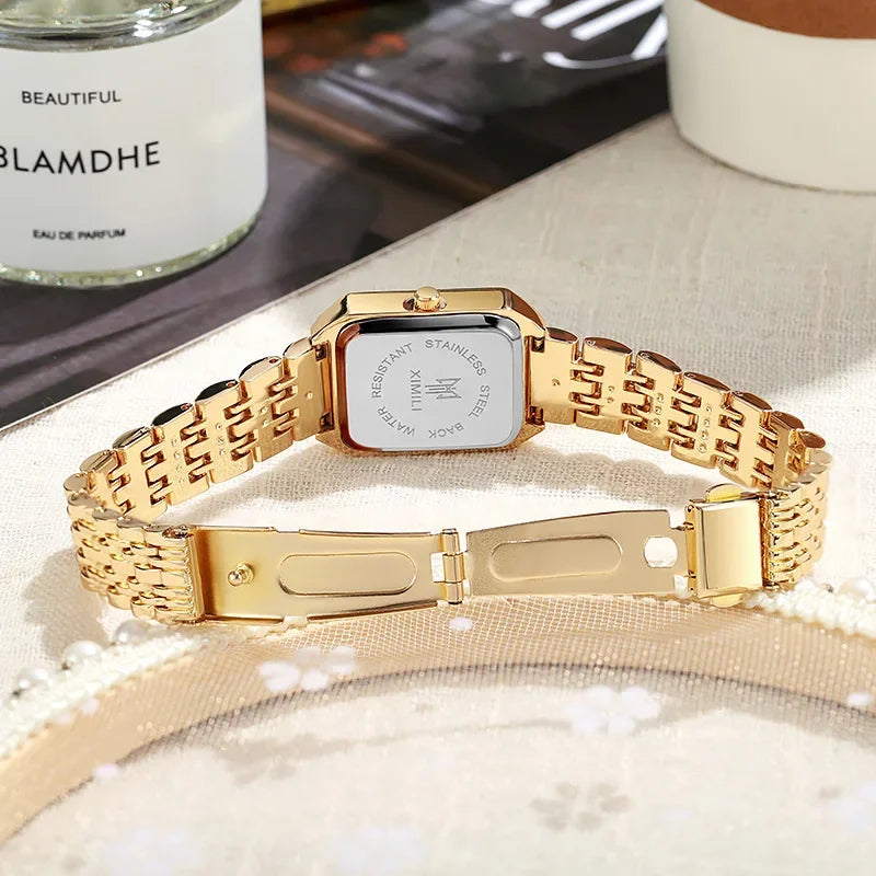 Relógio de Pulso com Pulseira de Aço Inoxidável, Marca Popular de 2024, Relógio de Quartzo Luxuoso para Mulheres, Presente Elegante, Relógio Simples e Moderno em Formato Quadrado para Estudantes.