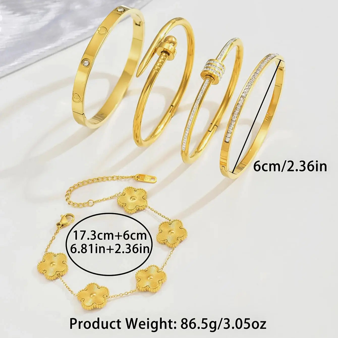 Pulseira de Sorte Trevo de Quatro Folhas de Aço Inoxidável, Estilo Fashion, Pulseira Feminina com Design de Unha, Bangles Dourados, Popular na Europa e nos Estados Unidos