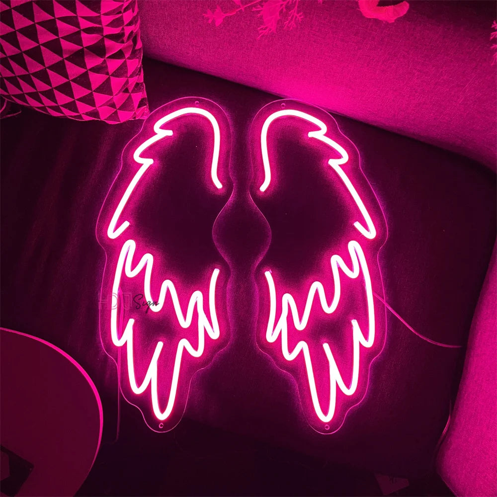 Placa de Neon LED Asas de Anjo Personalizada - Par de Asas de Luz Neon LED para Decoração de Parede, Casamento, Festa, Bar - Luminária Neon Personalizada