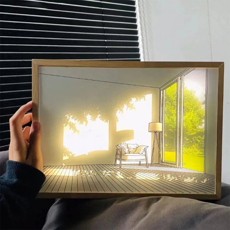 Luz Decorativa de Pintura LED com Conector USB, Luminária de Mesa e Parede com Escurecimento, Presente de Arte Luminosa para Ambientes Internos, Janela de Luz Solar, Foto em Madeira