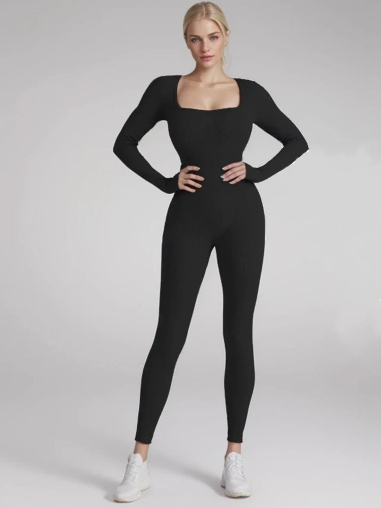 Macacão Feminino - Tecido Texturizado, Manga Longa, Modelador com Levantamento de Quadril, Para Yoga e Exercícios, Macacão Inteiro com Calça Longa