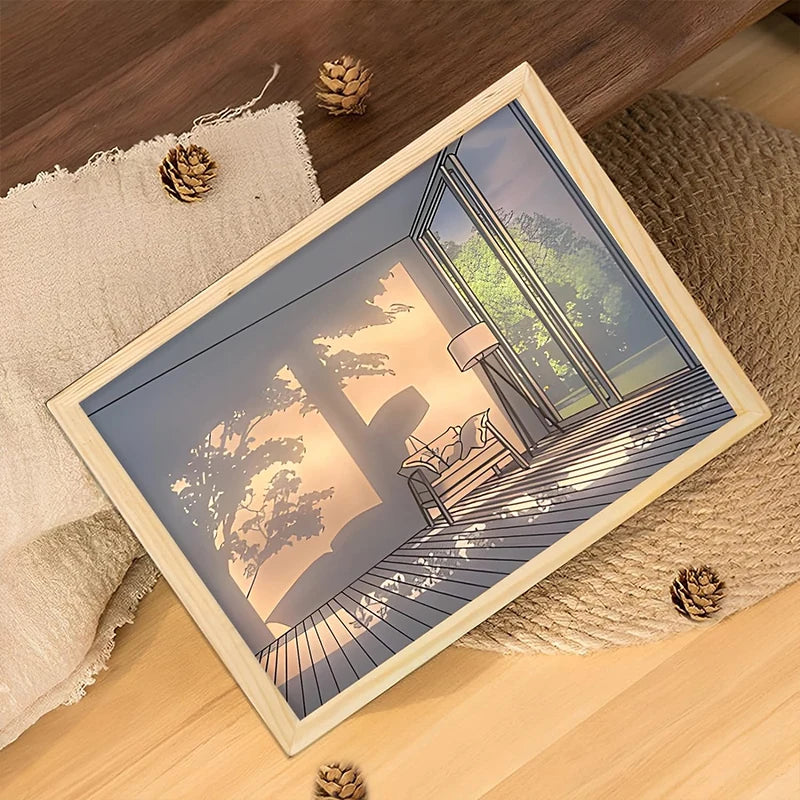 Luz Decorativa de Pintura LED com Conector USB, Luminária de Mesa e Parede com Escurecimento, Presente de Arte Luminosa para Ambientes Internos, Janela de Luz Solar, Foto em Madeira