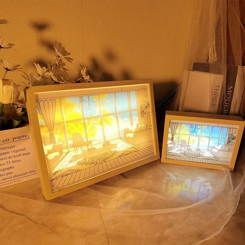Luz Decorativa de Pintura LED com Conector USB, Luminária de Mesa e Parede com Escurecimento, Presente de Arte Luminosa para Ambientes Internos, Janela de Luz Solar, Foto em Madeira