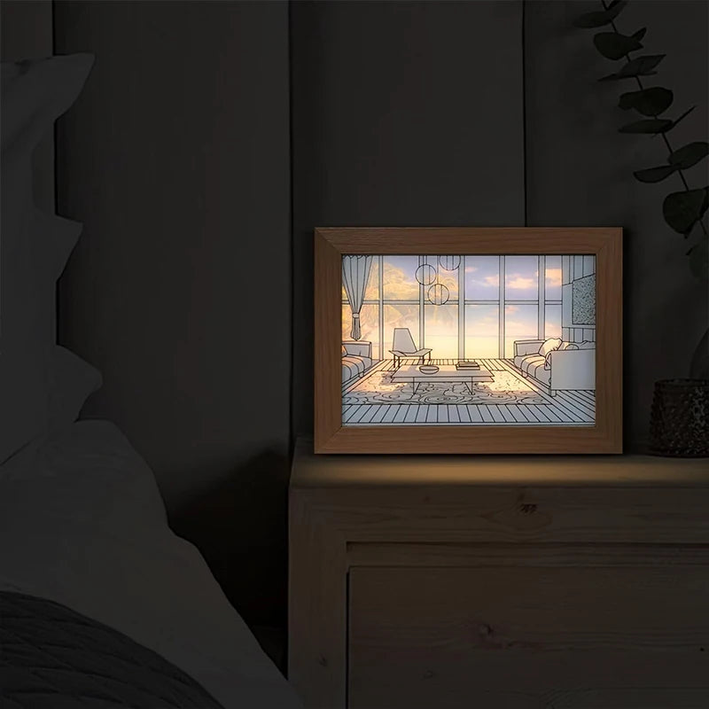 Luz Decorativa de Pintura LED com Conector USB, Luminária de Mesa e Parede com Escurecimento, Presente de Arte Luminosa para Ambientes Internos, Janela de Luz Solar, Foto em Madeira