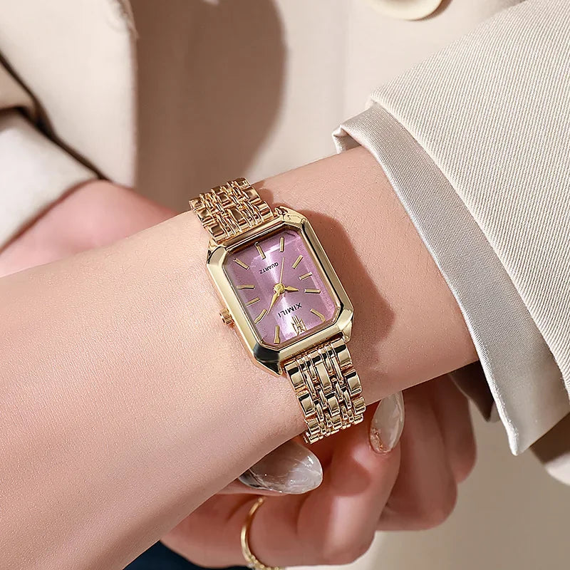 Relógio de Pulso com Pulseira de Aço Inoxidável, Marca Popular de 2024, Relógio de Quartzo Luxuoso para Mulheres, Presente Elegante, Relógio Simples e Moderno em Formato Quadrado para Estudantes.