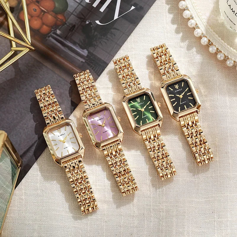 Relógio de Pulso com Pulseira de Aço Inoxidável, Marca Popular de 2024, Relógio de Quartzo Luxuoso para Mulheres, Presente Elegante, Relógio Simples e Moderno em Formato Quadrado para Estudantes.
