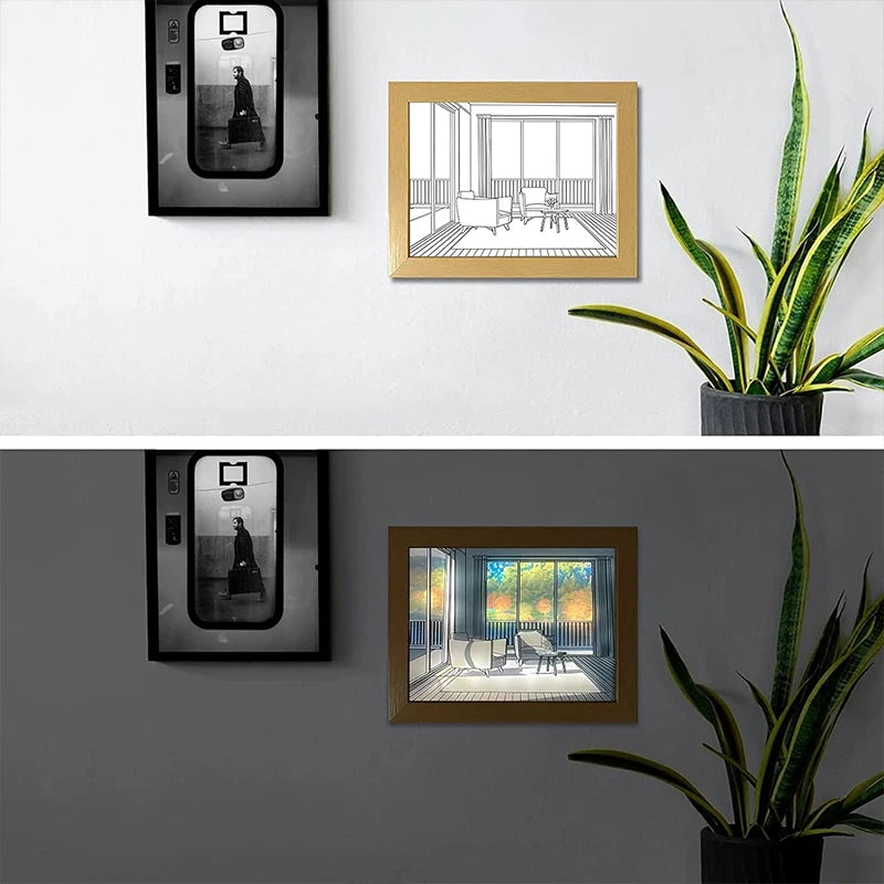 Luz Decorativa de Pintura LED com Conector USB, Luminária de Mesa e Parede com Escurecimento, Presente de Arte Luminosa para Ambientes Internos, Janela de Luz Solar, Foto em Madeira