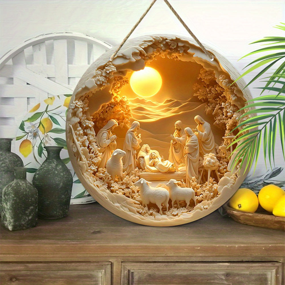 Placa de Madeira com Cena de Natividade de Jesus - Relevo 2D, Decoração Redonda para Porta, Presente de Natal Perfeito para Cristãos