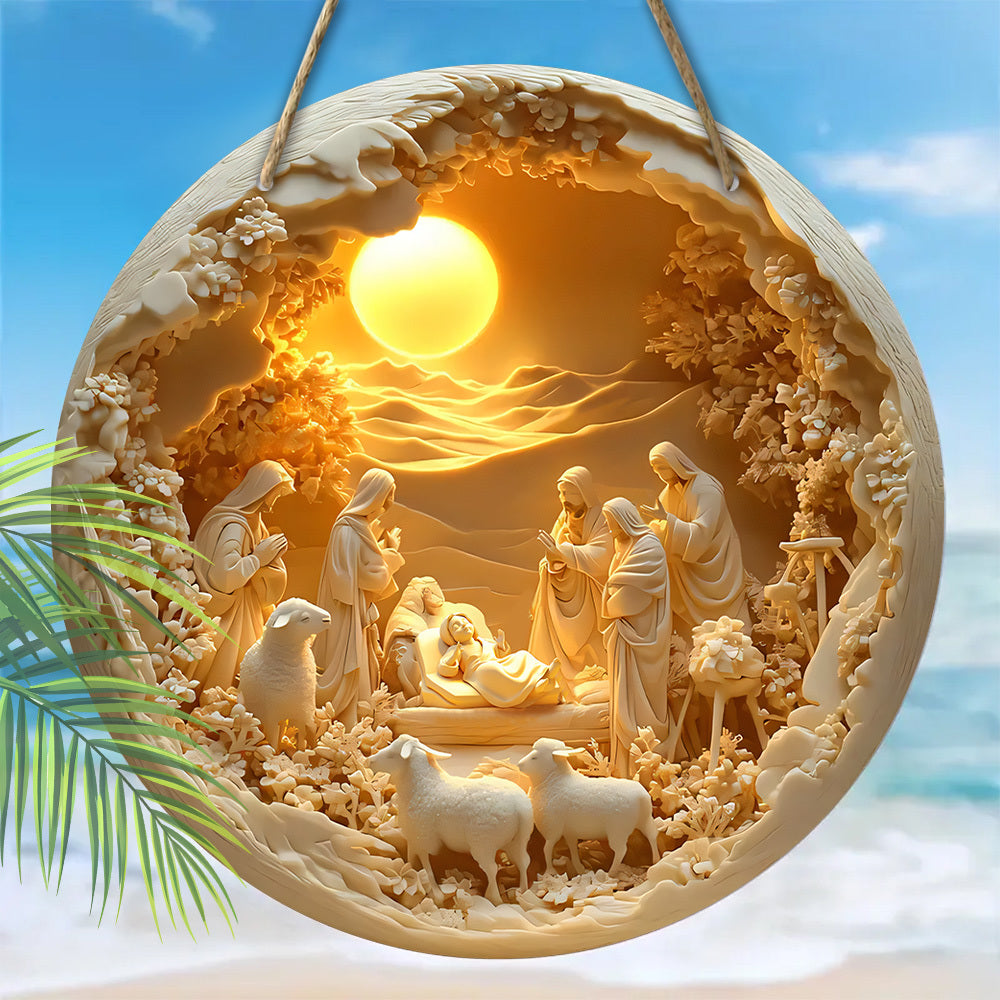 Placa de Madeira com Cena de Natividade de Jesus - Relevo 2D, Decoração Redonda para Porta, Presente de Natal Perfeito para Cristãos