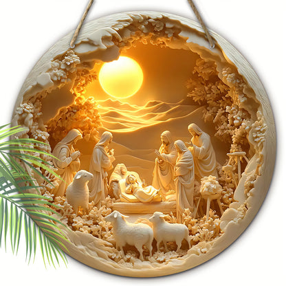 Placa de Madeira com Cena de Natividade de Jesus - Relevo 2D, Decoração Redonda para Porta, Presente de Natal Perfeito para Cristãos