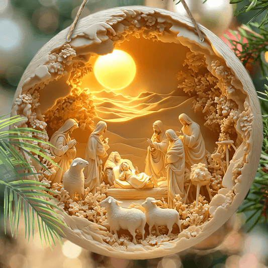 Placa de Madeira com Cena de Natividade de Jesus - Relevo 2D, Decoração Redonda para Porta, Presente de Natal Perfeito para Cristãos