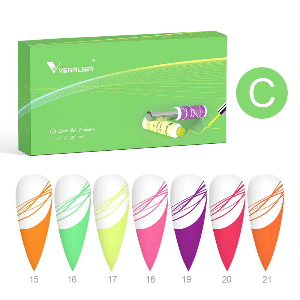 Kit 7 Cores Venalisa Liner Gel 8ml Gel para Unhas Francesas Pintura de Unhas Gel Polish UV LED Design de Nail Art com Cor Glitter Deslumbrante