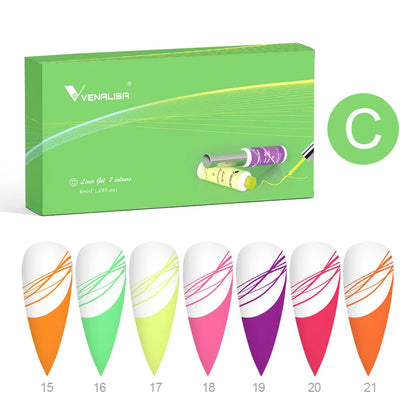 Kit 7 Cores Venalisa Liner Gel 8ml Gel para Unhas Francesas Pintura de Unhas Gel Polish UV LED Design de Nail Art com Cor Glitter Deslumbrante