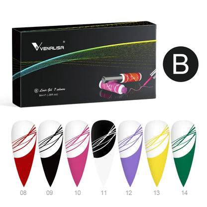 Kit 7 Cores Venalisa Liner Gel 8ml Gel para Unhas Francesas Pintura de Unhas Gel Polish UV LED Design de Nail Art com Cor Glitter Deslumbrante
