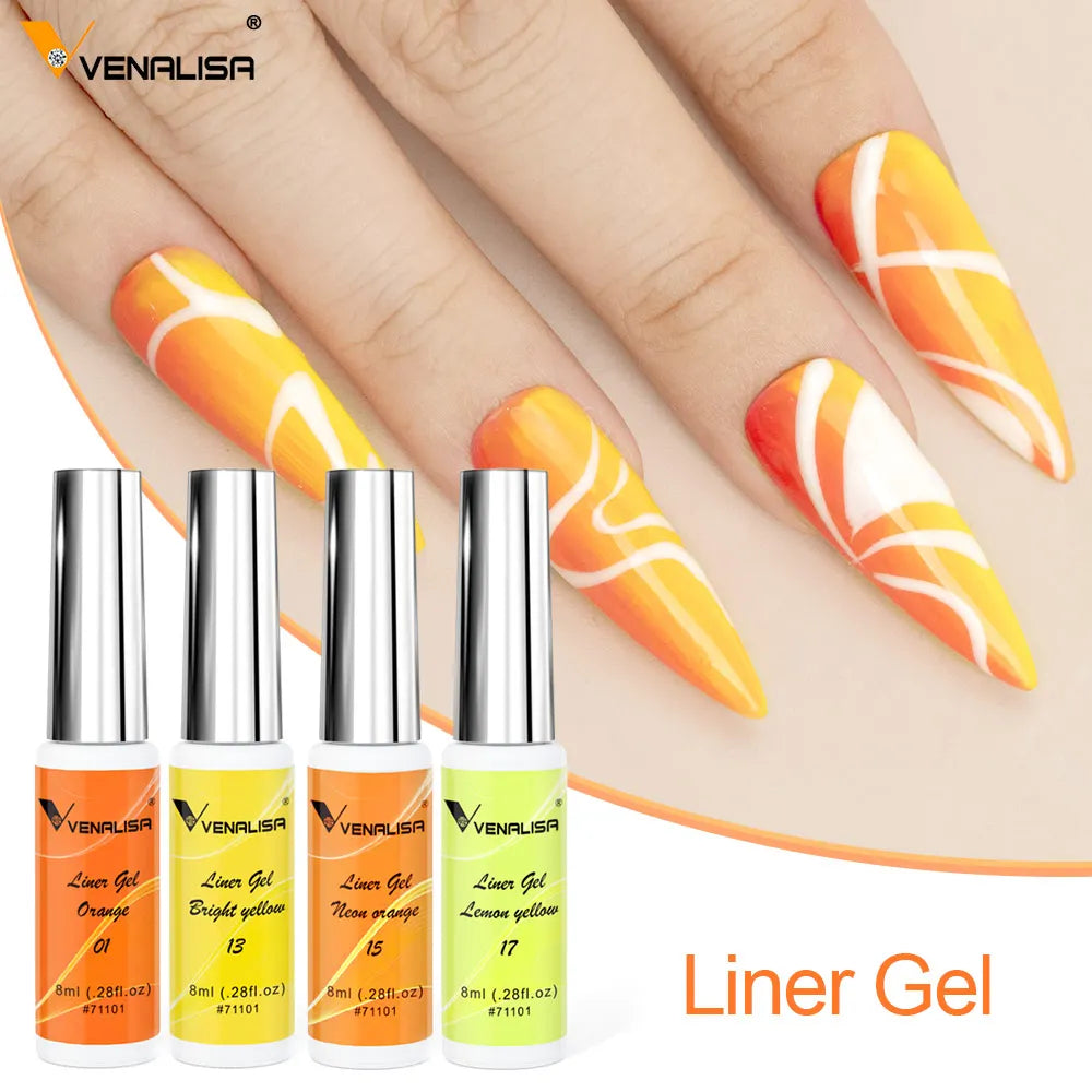Kit 7 Cores Venalisa Liner Gel 8ml Gel para Unhas Francesas Pintura de Unhas Gel Polish UV LED Design de Nail Art com Cor Glitter Deslumbrante