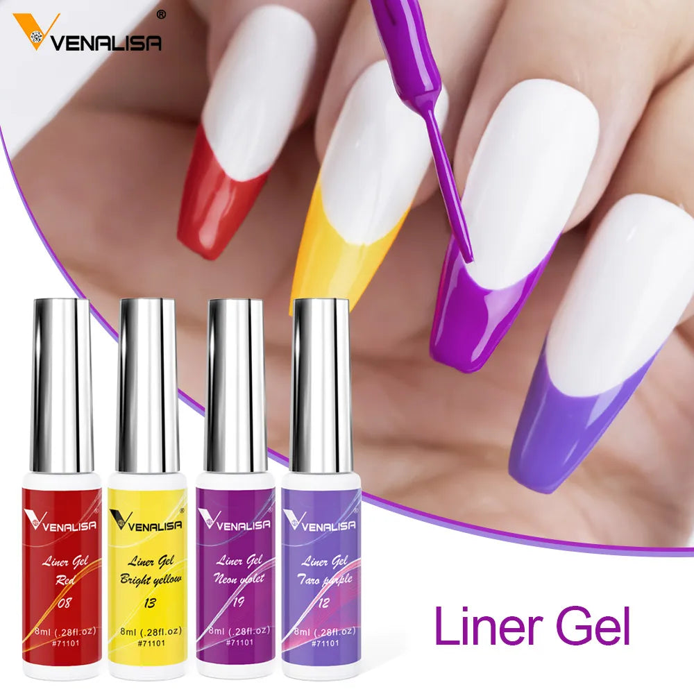 Kit 7 Cores Venalisa Liner Gel 8ml Gel para Unhas Francesas Pintura de Unhas Gel Polish UV LED Design de Nail Art com Cor Glitter Deslumbrante